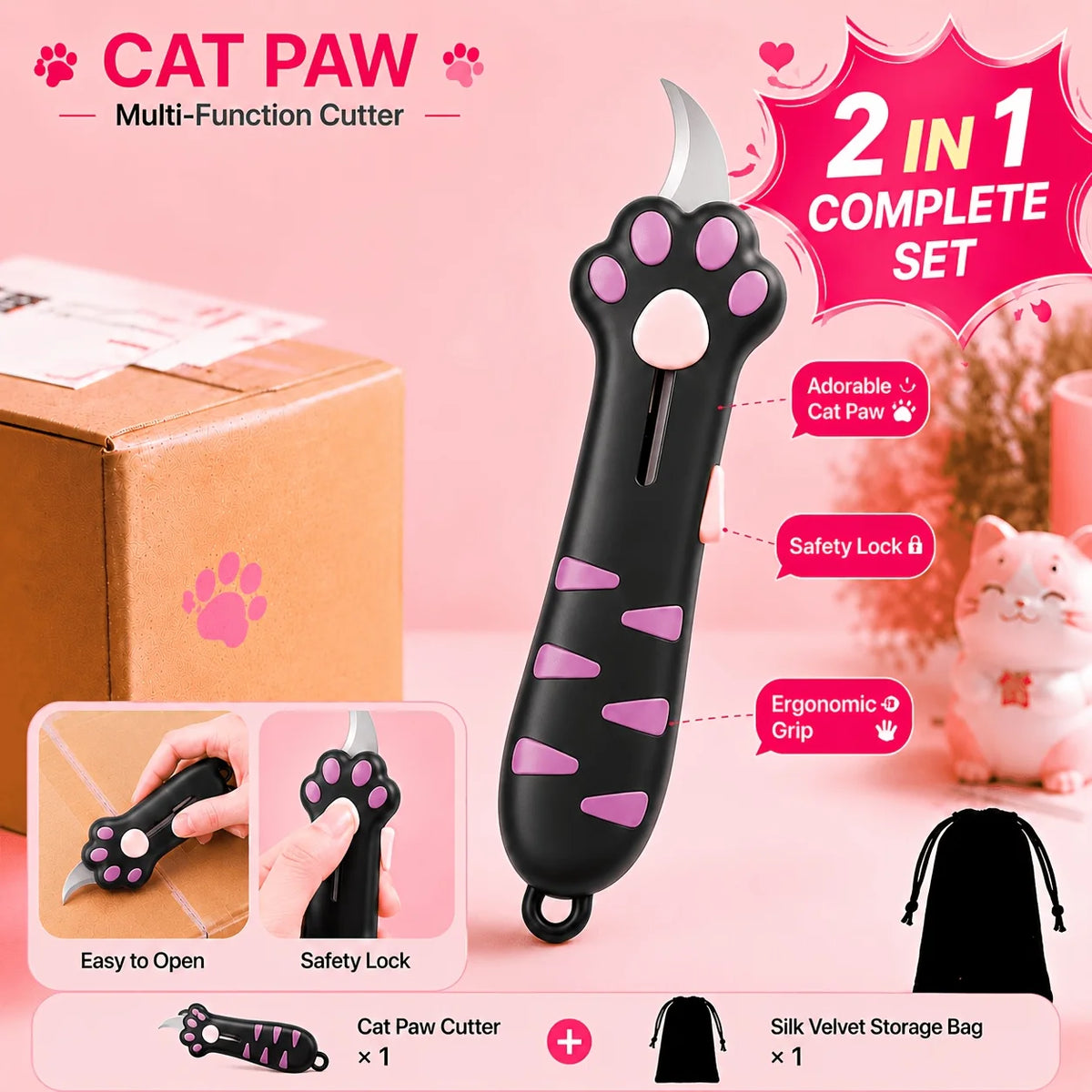 Cat Paw Box Cutter 2-in-1 Utility Knife with Safety Lock Utility Box Cutter Babs 2pcs