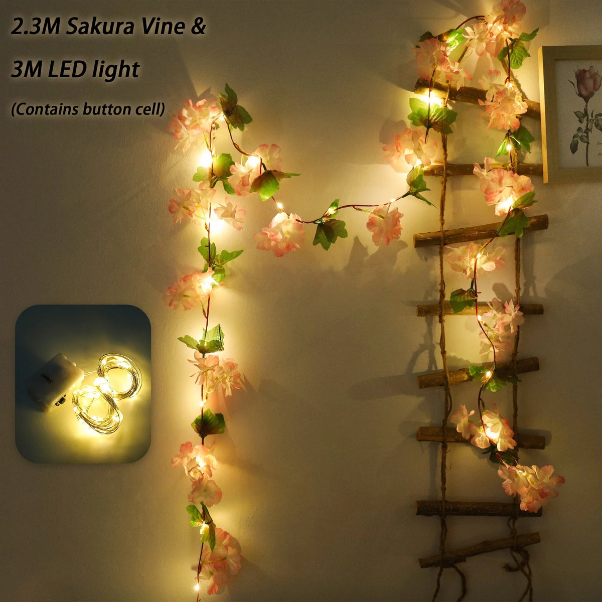 Cherry Blossom Vine LED Garland – Sakura Wedding Arch Decor Artificial Flower Garland Babs Deep Pink 1PC