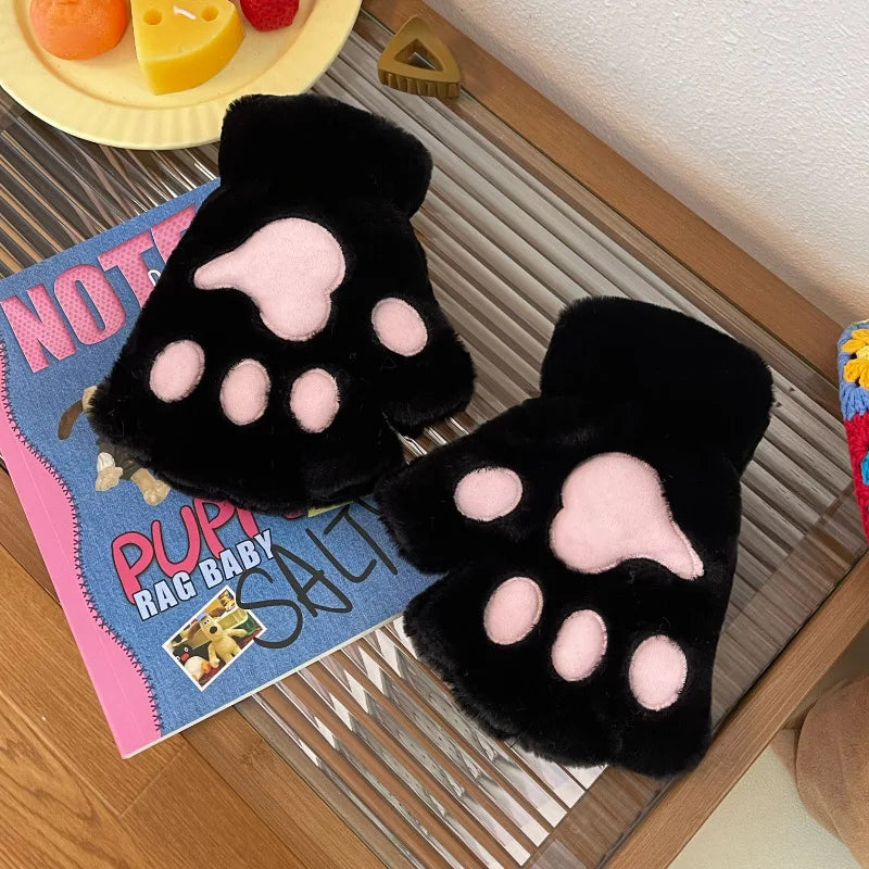 Plush Cat Paw Mittens – Soft Fluffy Half Finger Gloves Plush Fingerless Gloves Babs B