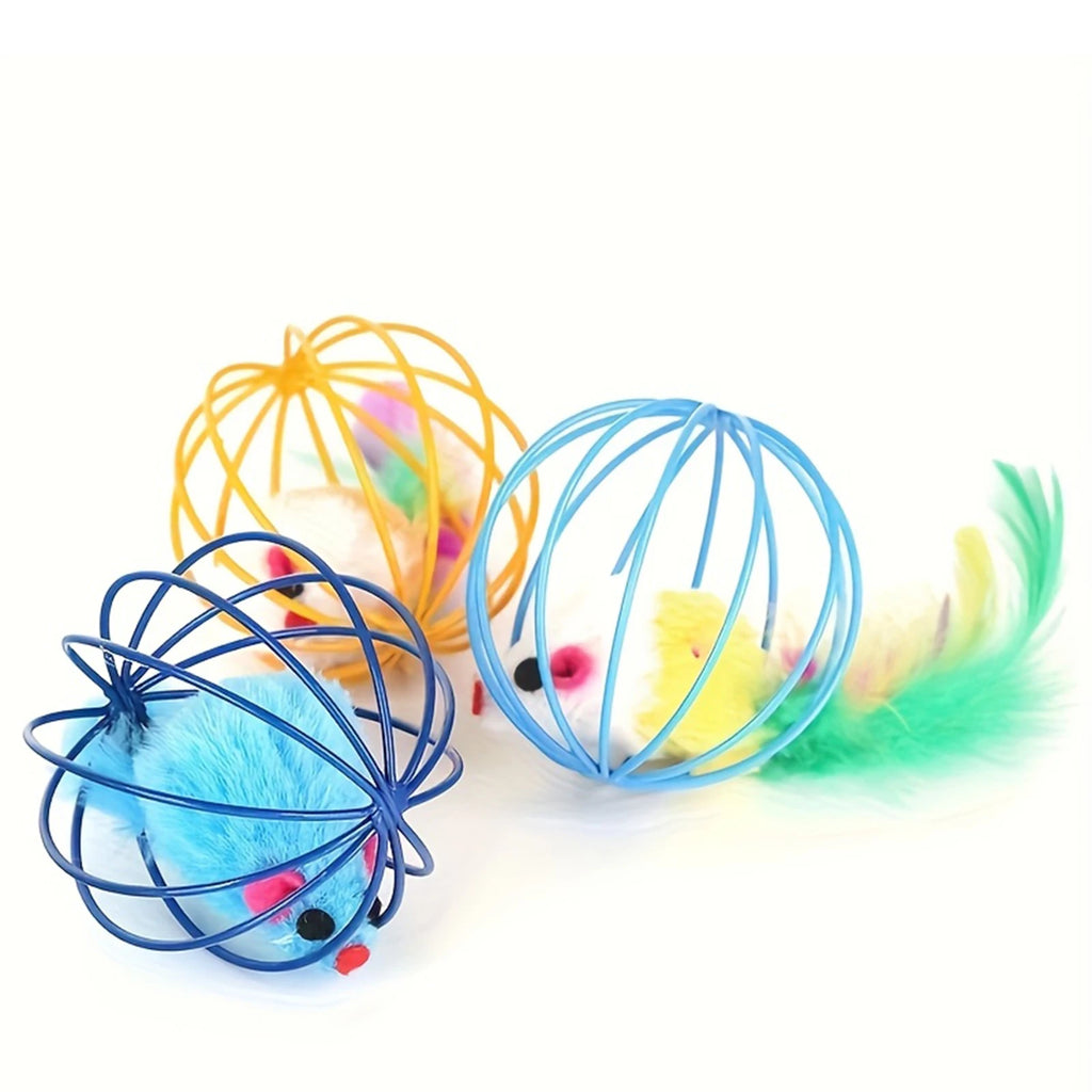 Interactive Cat Wire Cage Mouse Toy with Feather & Jingle Bell Interactive Cat Toy Babs
