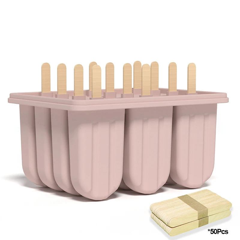 12-Cavity BPA-Free Silicone Popsicle Mould + 50 Sticks Popsicle Mould Set Babs Pink