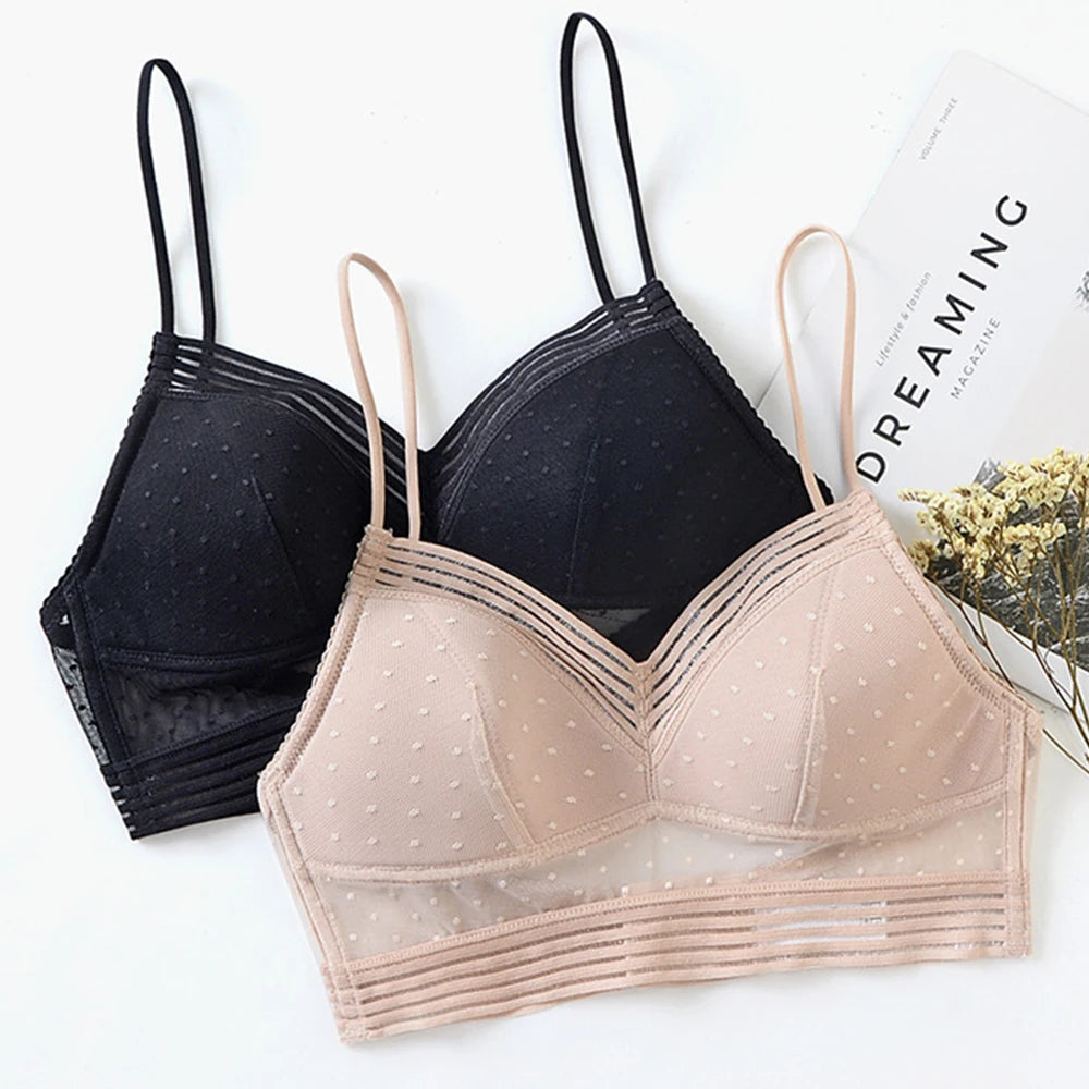 Invisible Lace Low Back Wireless Bralette – Polka Dot Mesh Wireless Bralette Babs