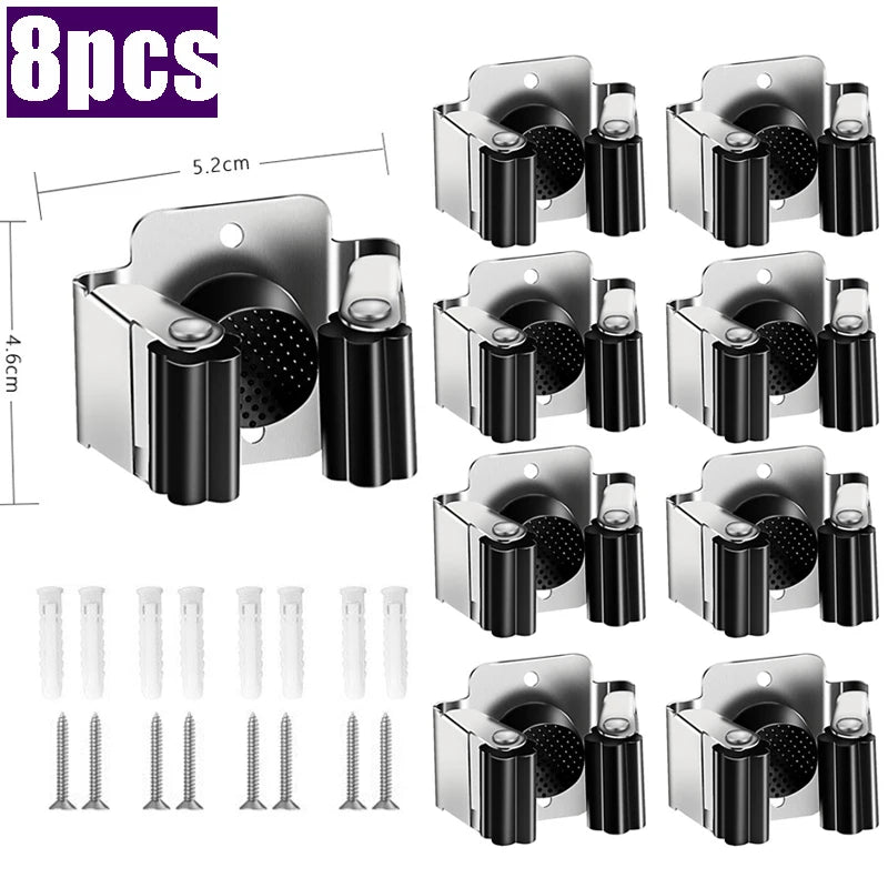 Stainless Steel Wall-Mounted Mop & Broom Clip Holder Rack Mop Broom Holder Babs Black-8pcs