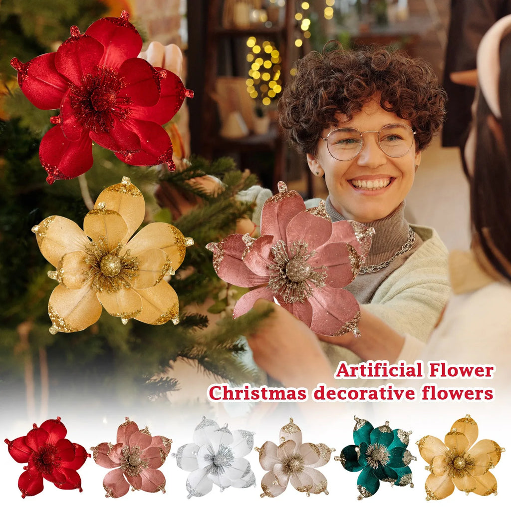 20cm Pink Glitter Magnolia Christmas Flower Pick | Xmas Tree Decor Christmas Flower Pick Babs
