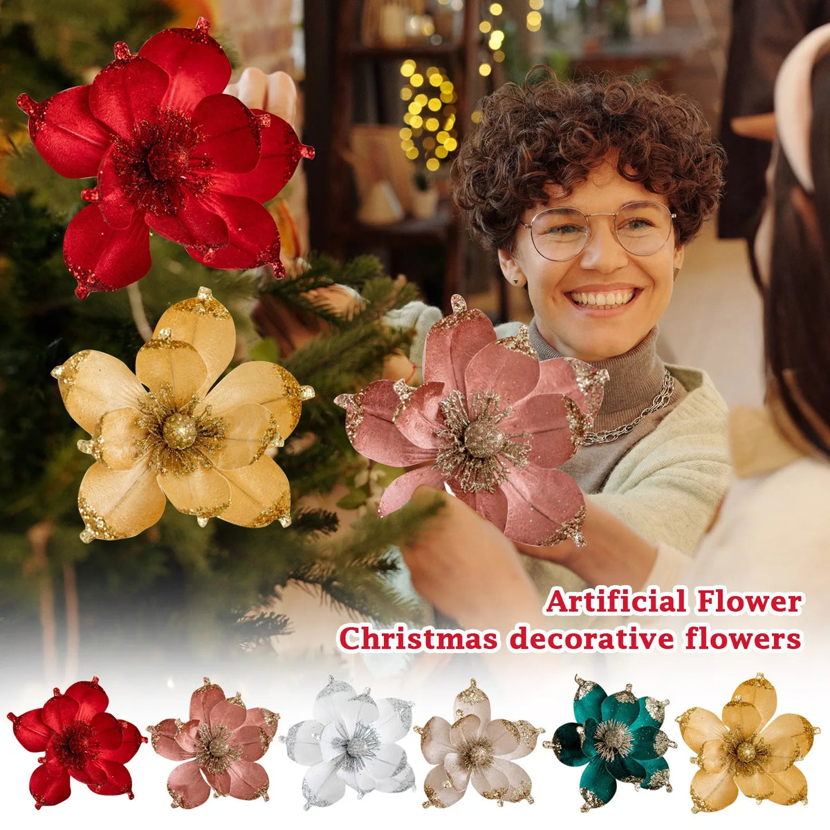 20cm Pink Glitter Magnolia Christmas Flower Pick | Xmas Tree Decor Christmas Flower Pick Babs