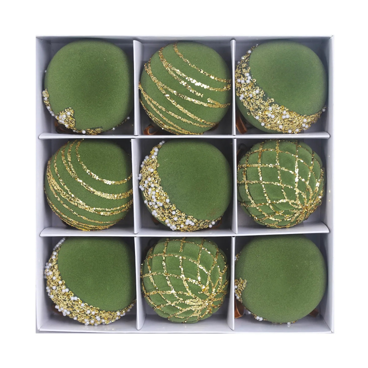 9-Piece Flocked Green Velvet Christmas Ball Ornaments 80MM Set Christmas Ornaments Set Babs 8cm Army Green