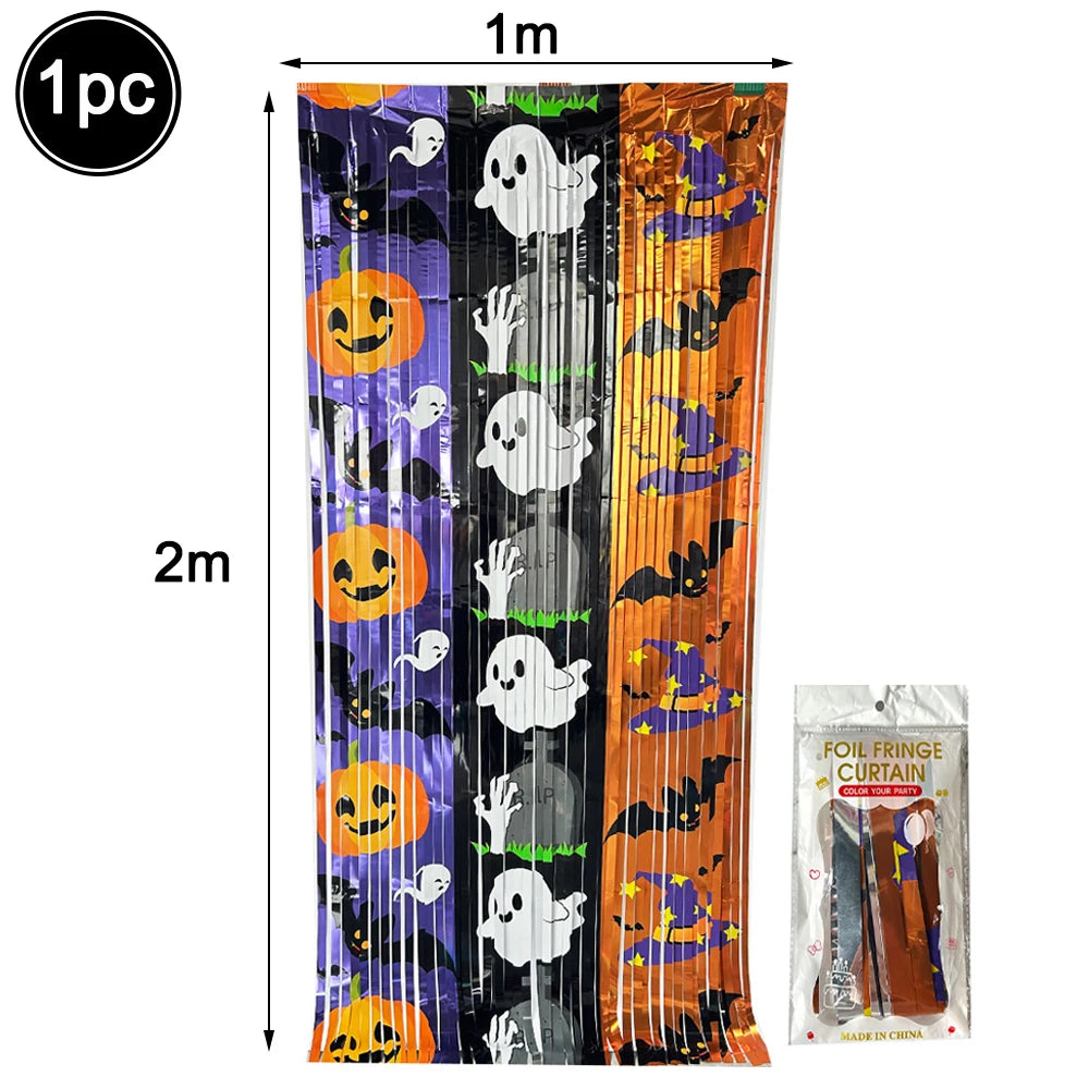 Halloween Foil Balloons Set – Pumpkin Ghost Bat Fringe Curtain Halloween Balloon Set Babs Rain Curtain A As pictures show