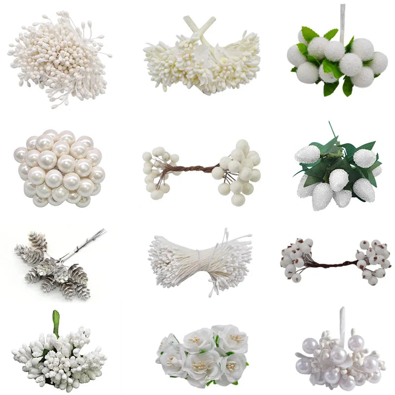 White Artificial Cherry Stamen Berry Bundle | DIY Xmas & Wedding Decor Artificial Flower Bundle Babs