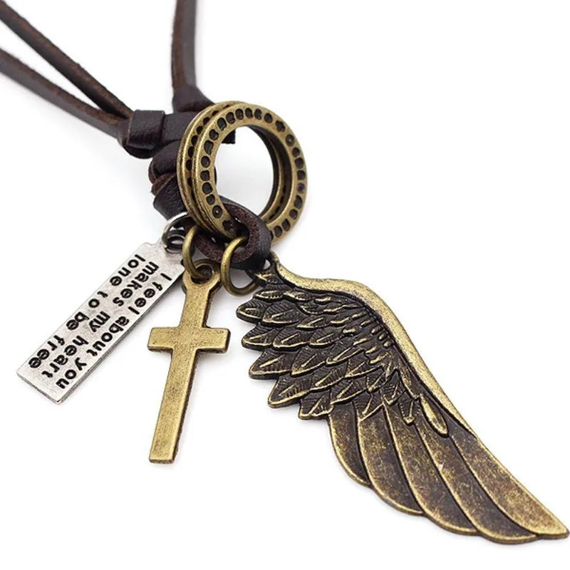 Vintage Leather Feather Pendant Necklace – Unisex Jewelry Pendant Necklace Babs Bronze