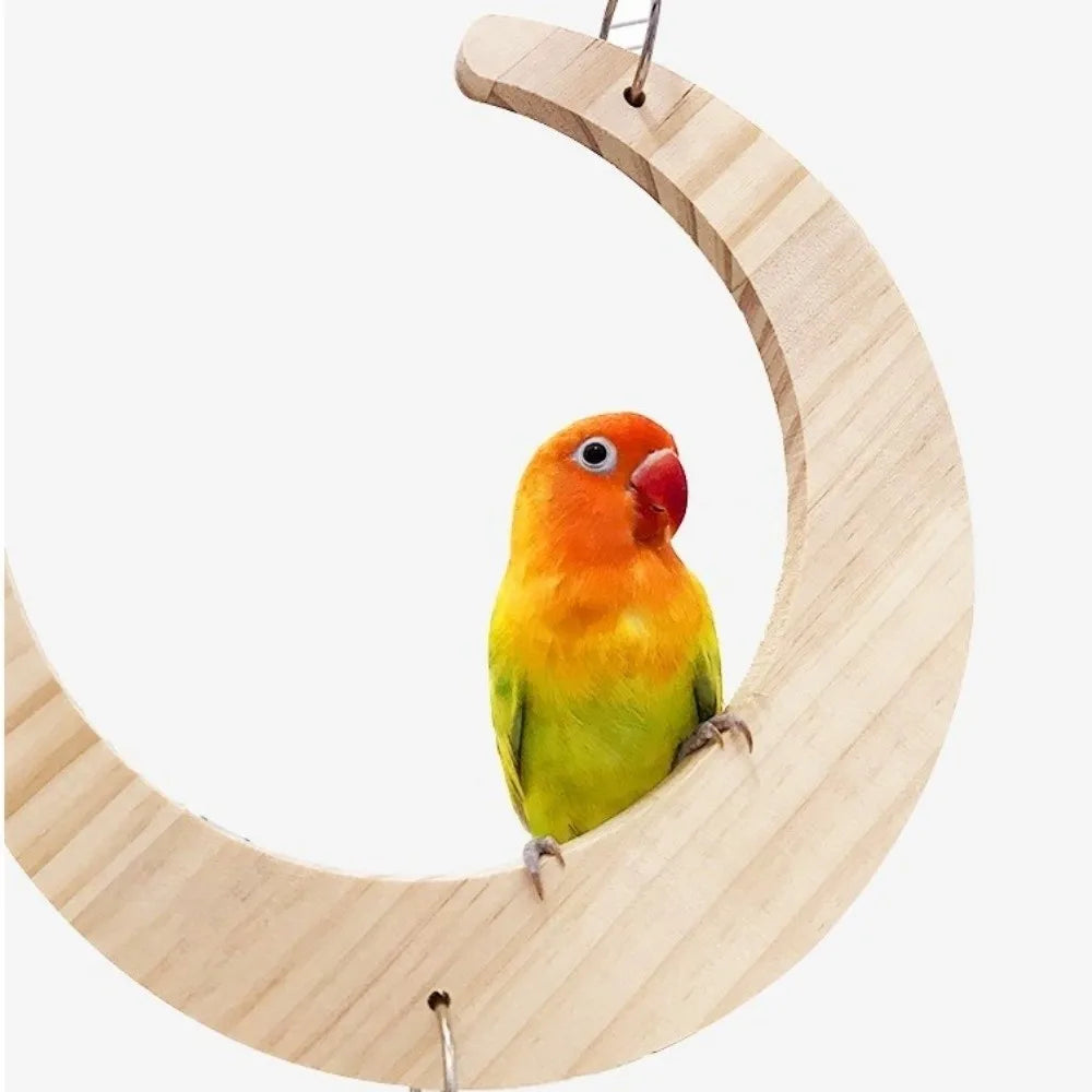 Bird Wooden Perch Toy – Moon Shape, Mirror, Bell & Flower Bird Cage Toy Babs