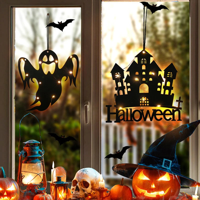 10 LED Halloween Hanging Decoration – Castle, Witch & Ghost Halloween Hanging Decor Babs