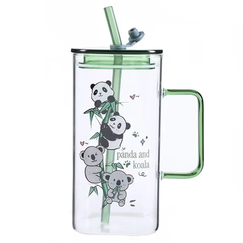 Square Glass Water Cup Cartoon Panda Straw Lid Large Capacity Glass Drinkware Cup Babs