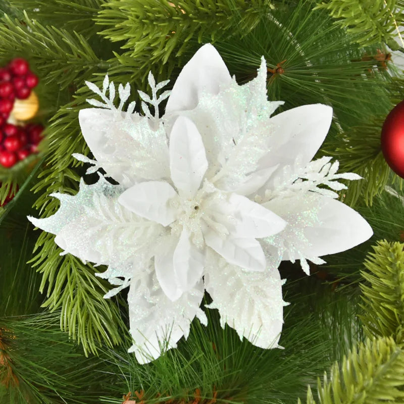 Glitter Artificial Christmas Rose Flowers | Xmas Tree Ornaments Christmas Flower Ornaments Babs 8 5PCS