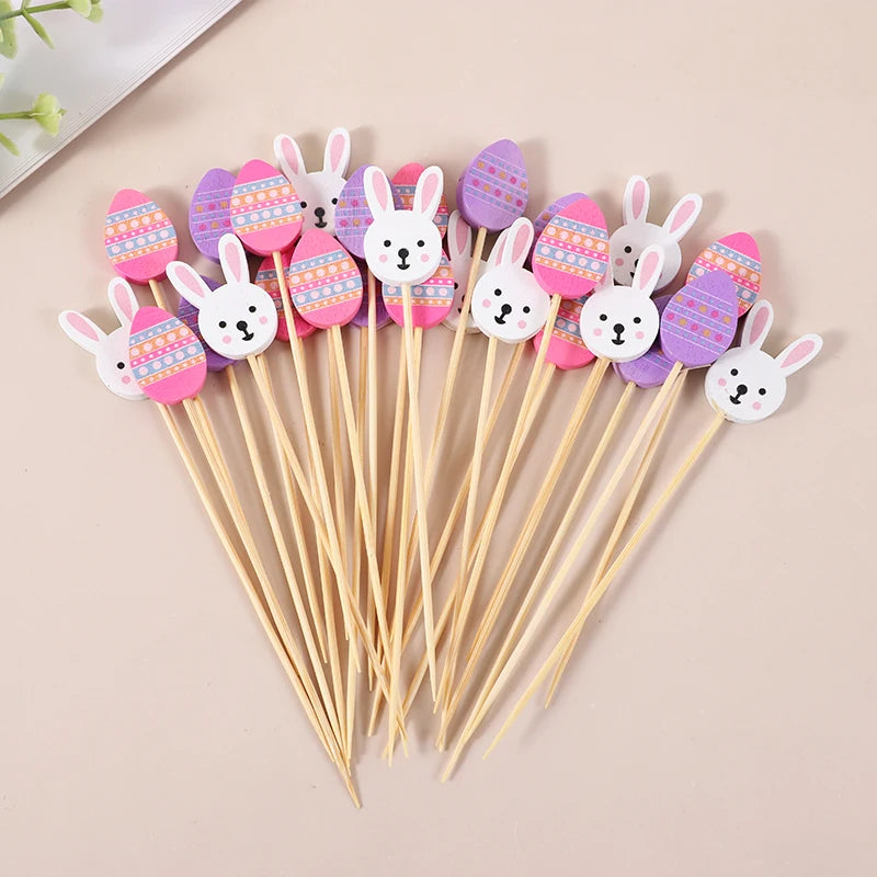 100pcs Easter Bamboo Food Picks Rabbit Egg Cupcake Skewers Disposable Food Picks Babs