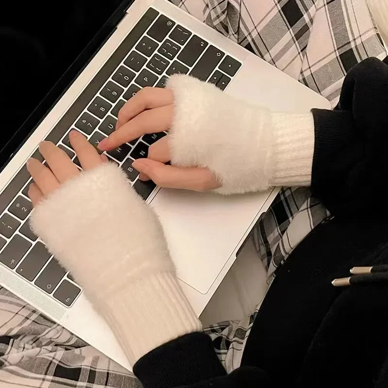 Women's Plush Half-Finger Gloves – Warm Cute Fingerless Winter Fingerless Winter Gloves Babs