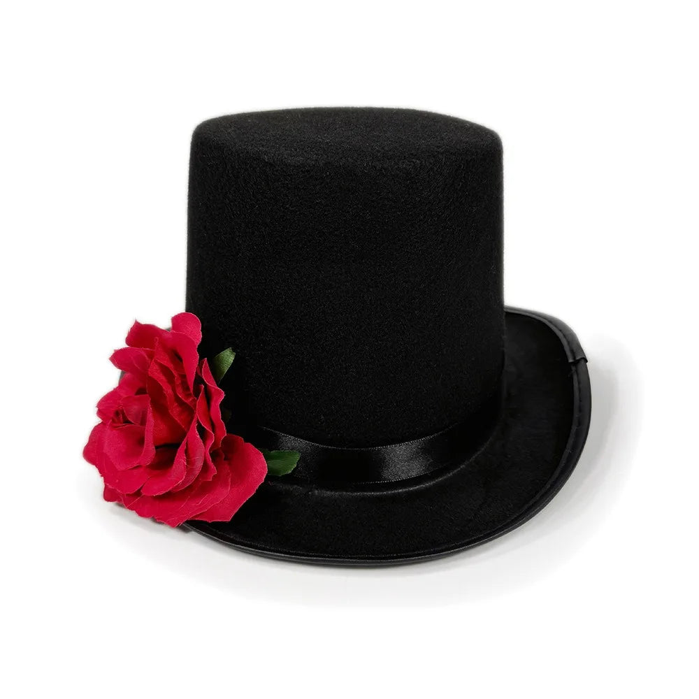 Gothic Top Hat with Artificial Rose – Black & Red Magician Fedora Gothic Costume Hat Babs Red