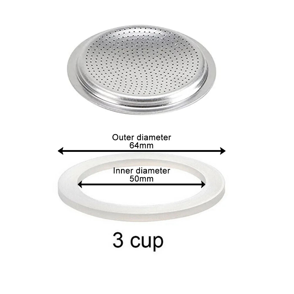 Silicone Moka Pot Seal Ring & Filter Screen – 6 Sizes Moka Pot Seal Ring Babs 3 cup sieve