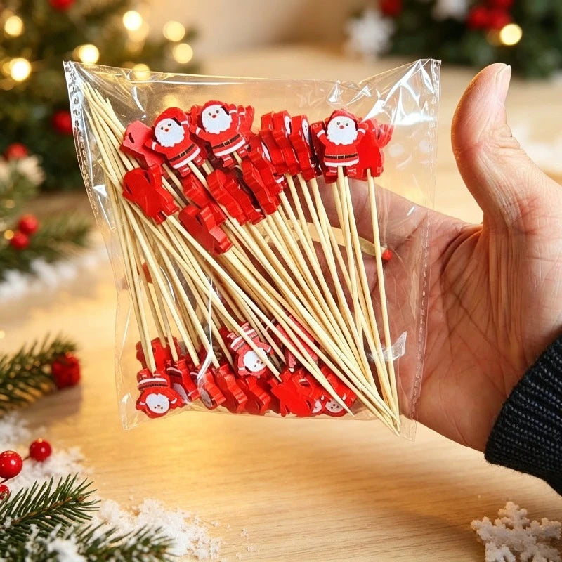 Christmas Bamboo Fruit Picks – 50pc Holiday Party Toothpicks Holiday Party Picks Babs Santa Claus