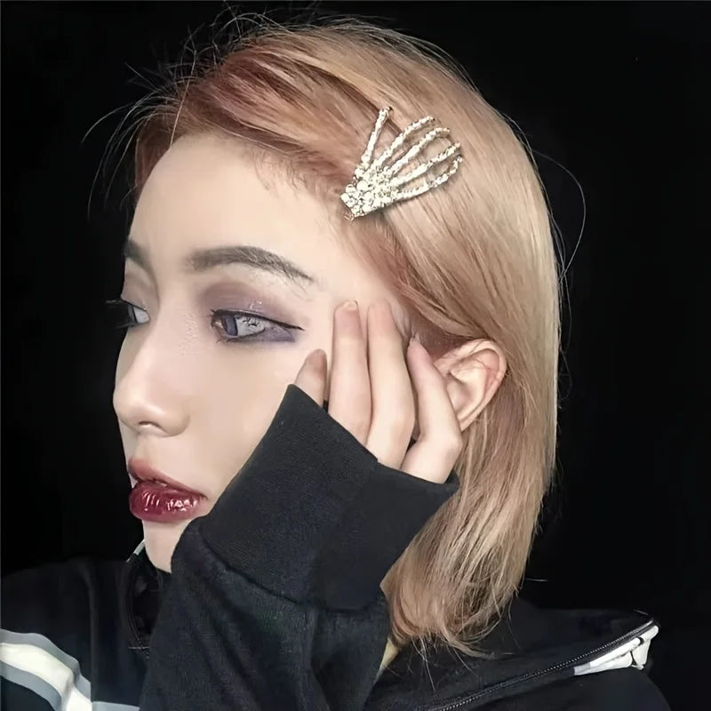 2-Piece Rhinestone Skull Hand Hair Clips – Halloween Barrettes Hair Clip Barrettes Babs