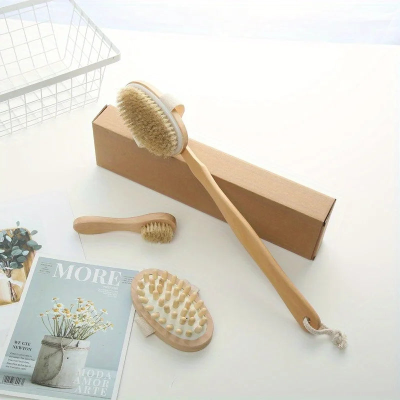 Natural Bristle Body Brush Set – 3-Piece Home Spa Kit Body Brush Set Babs