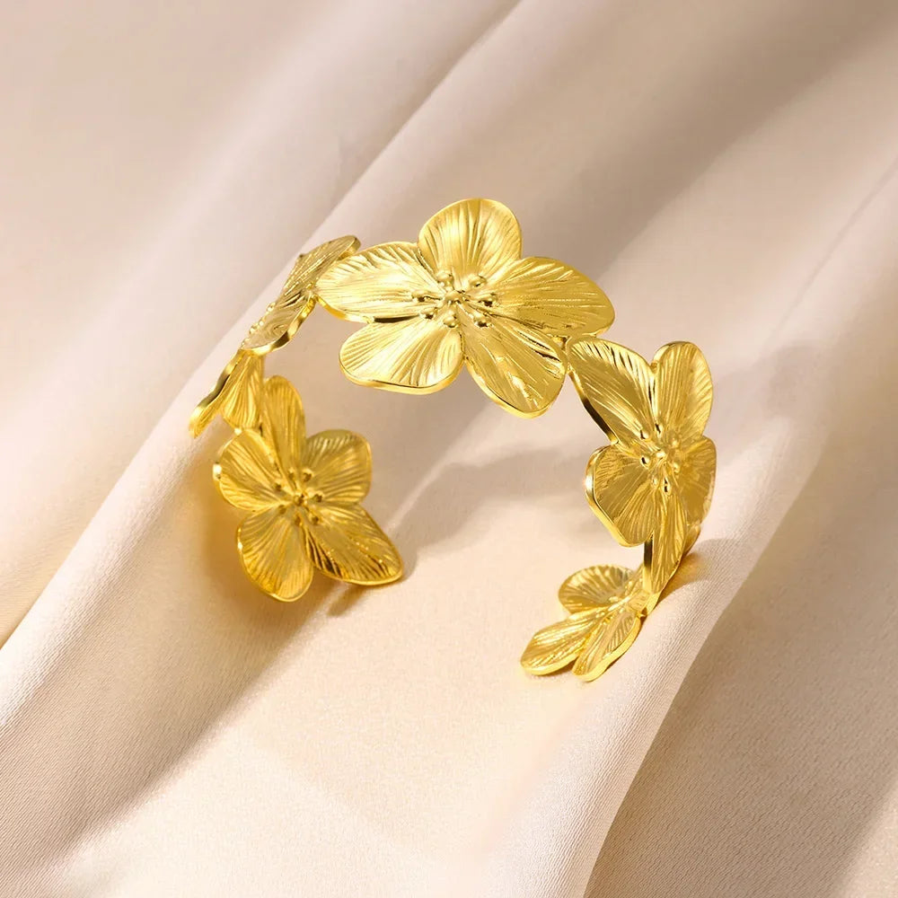Flower Cuff Bracelet Gold Wide Face Fashion Jewelry for Women Cuff Bracelet Babs