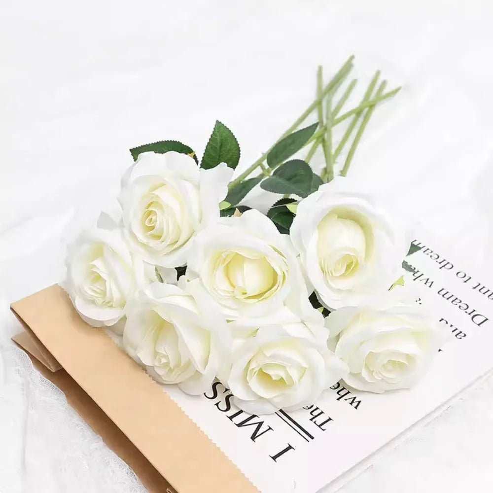 Tulip Rose Artificial Silk Flower Bouquet – 3/5 Pcs Home & Wedding Artificial Flower Bouquet Babs White 3Pcs