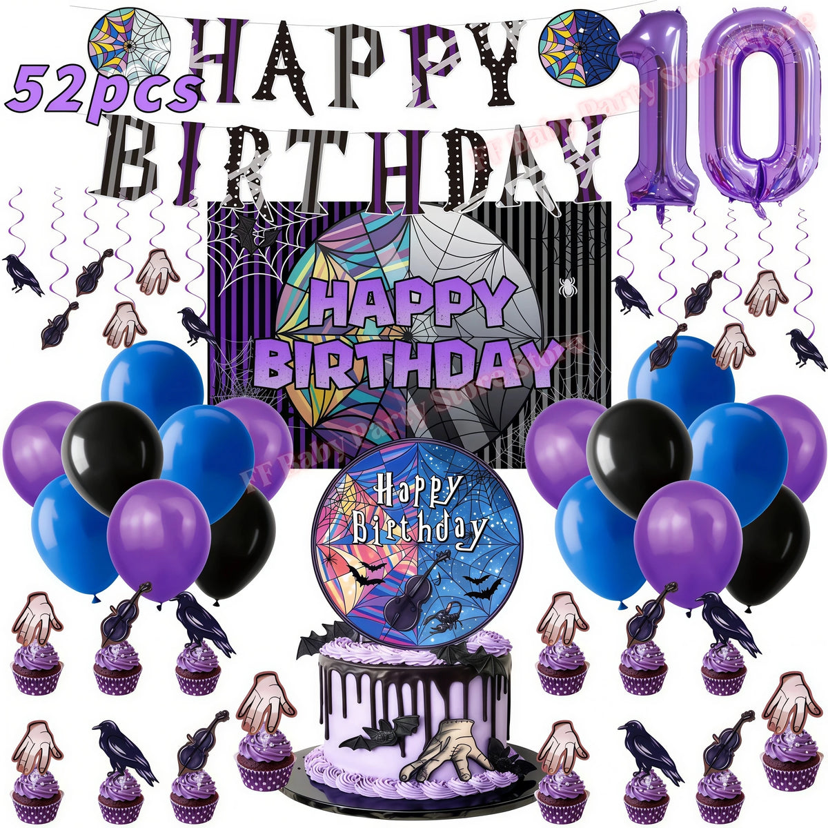 Addams Dark Academia Birthday Party Kit – Balloons, Plates & Backdrop Party Decoration Kit Babs 52pcs Numer10 others
