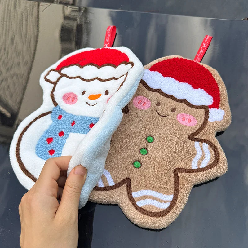 Christmas Coral Fleece Hand Towel – Gingerbread Man & Snowman Holiday Hand Towel Babs