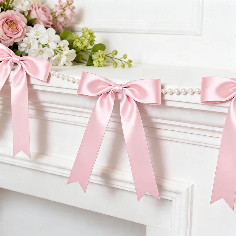 8-Piece Pink Bow Garland Satin Ribbon Party Banner Decoration Party Garland Banner Babs