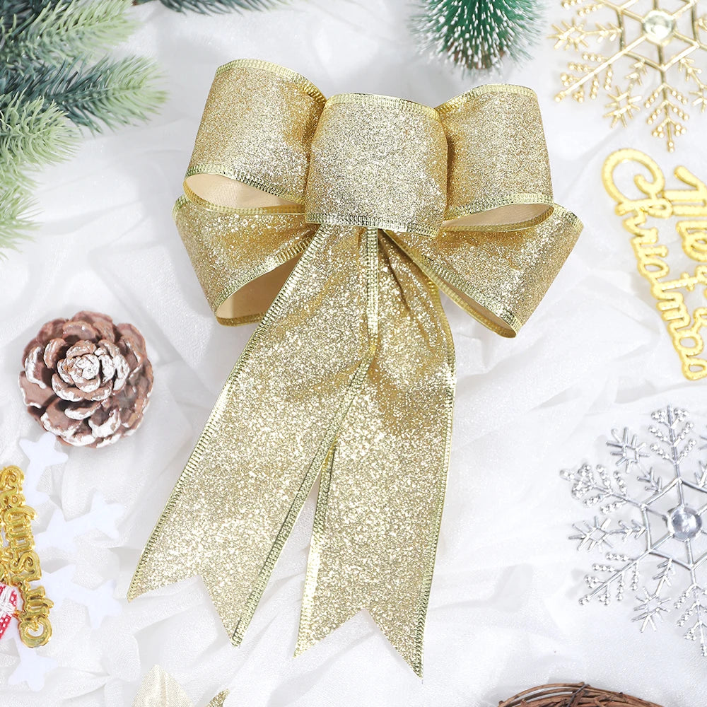 2Pcs 22cm Sparkling Christmas Bow Tree Hanging Ornaments Christmas Bow Ornaments Babs Gold 2Pcs