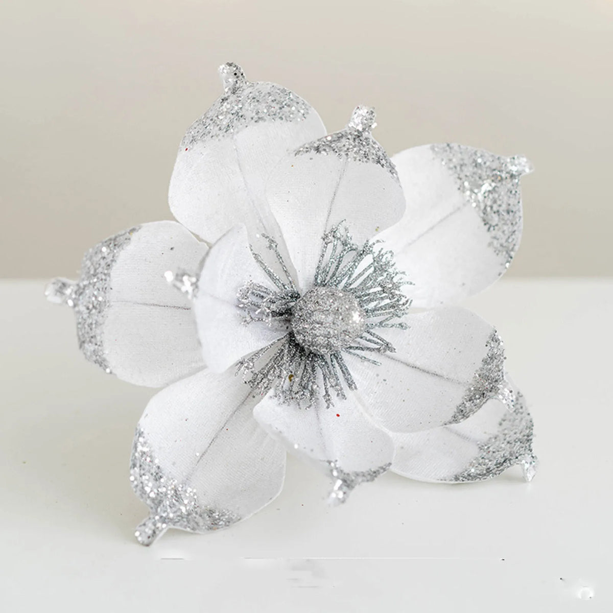 20cm Pink Glitter Magnolia Christmas Flower Pick | Xmas Tree Decor Christmas Flower Pick Babs White One Size