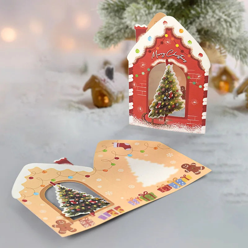 10Pcs 3D Christmas Greeting Cards – House Pop-Up Postcards 2026 Holiday Greeting Cards Babs