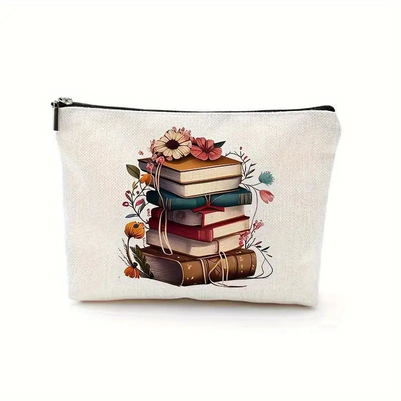 Book Theme Floral Canvas Zipper Pouch – Large Cosmetic Bag Canvas Zipper Pouch Babs