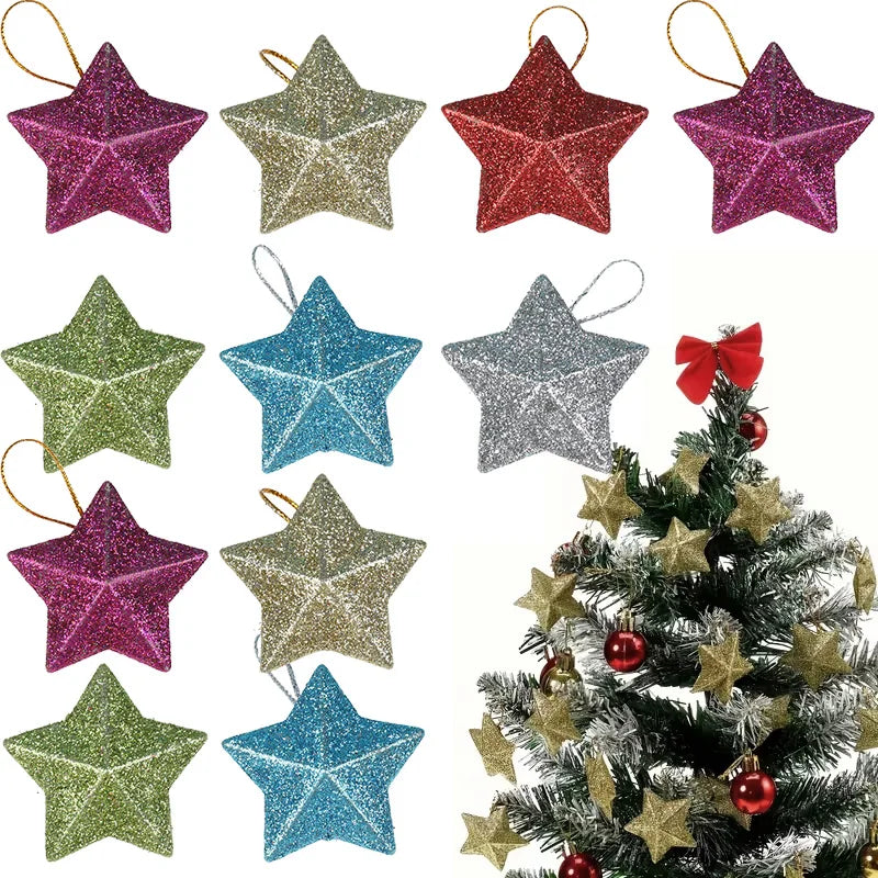 Glitter Star Christmas Ornaments 6/12 Pcs – Pentagram Pendant Christmas Tree Ornaments Babs