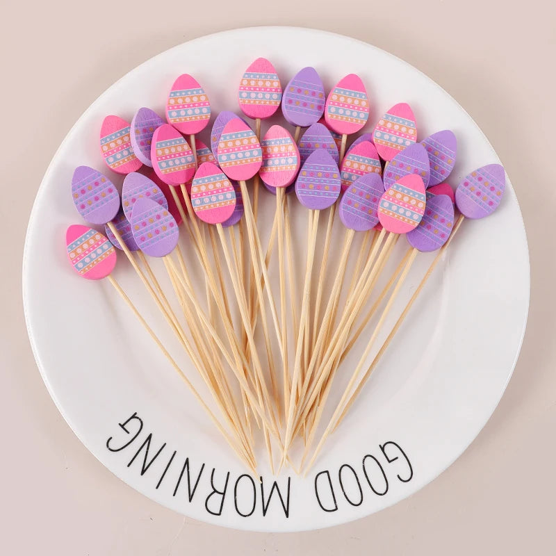 100pcs Easter Bamboo Food Picks Rabbit Egg Cupcake Skewers Disposable Food Picks Babs C
