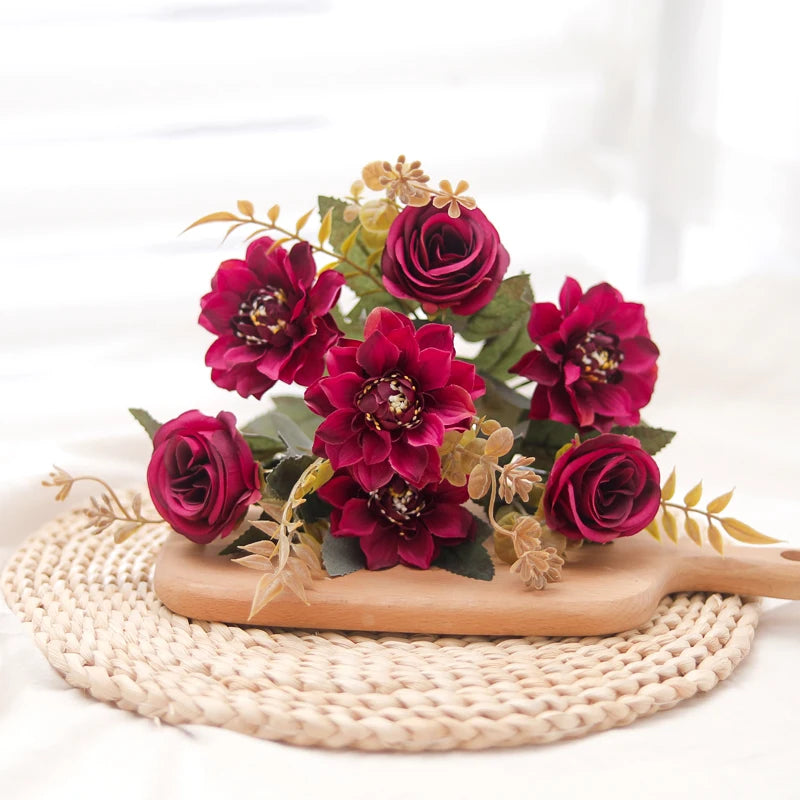 Silk Artificial Dahlia Rose Daisy Bouquet | Wedding & Home Decor Artificial Flower Bouquet Babs Red