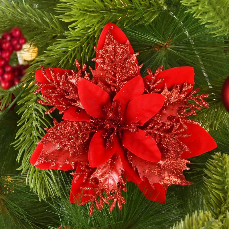 Glitter Artificial Christmas Rose Flowers – Xmas Tree Ornaments Christmas Flower Ornaments Babs red 5Pcs