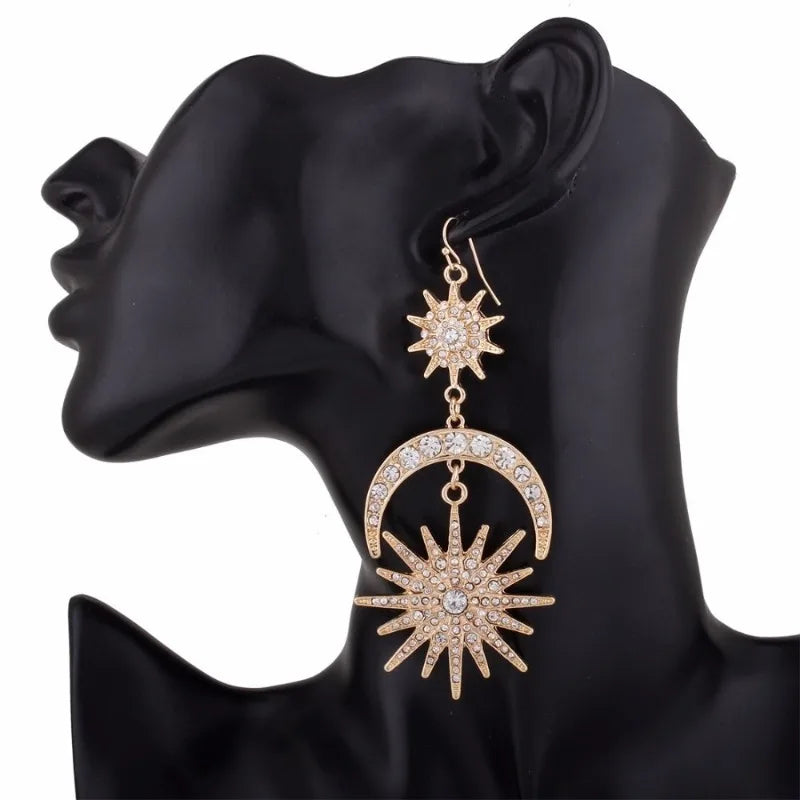 Sun Moon Stars Drop Earrings – Boho Rhinestone Statement Jewelry Drop Earrings Babs