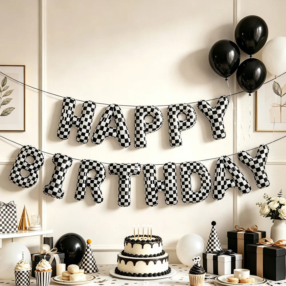 Racing Car Birthday Foil Balloon Banner – Black & White 16" Party Foil Balloons Babs