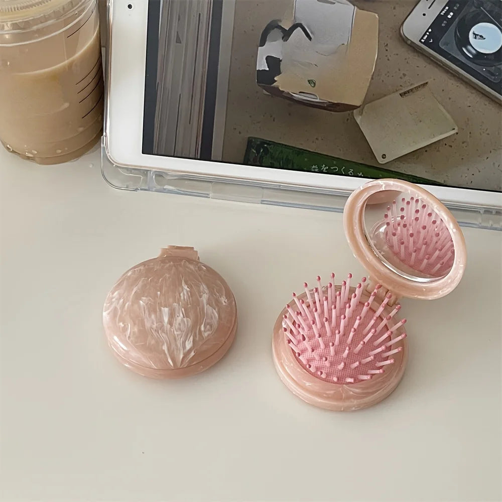 Marble Air Cushion Hair Comb with Mirror – Foldable Travel Air Cushion Hair Comb Babs Pink