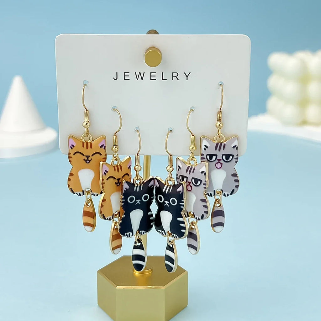 Cute Cat Dangle Earrings Set – 3 Pairs Enamel Gold Alloy Dangle Earrings Set Babs AEH70099B