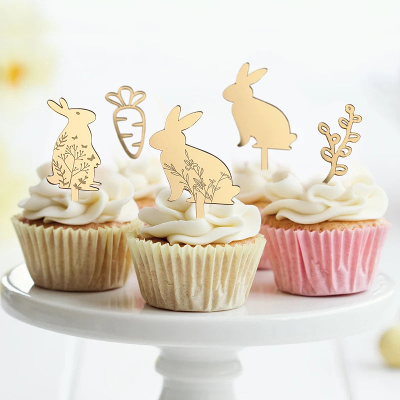 Gold Acrylic Easter Cupcake Toppers – Rabbit & Carrot 3/5pcs Cupcake Toppers Babs