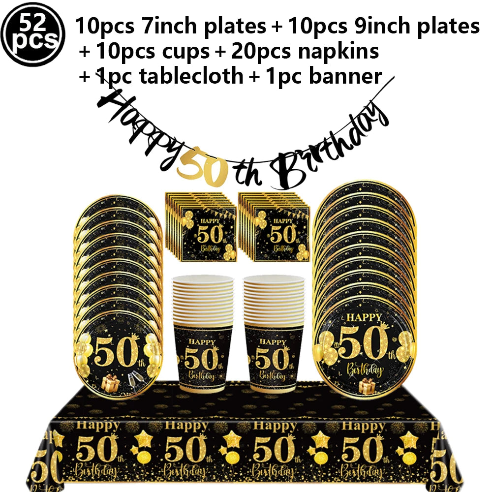 50th Birthday Party Decorations – Black & Gold Tableware Set Party Tableware Set Babs WHITE