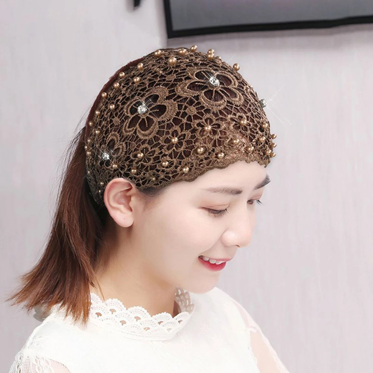 Women's Wide Hollow Headband – Rhinestone & Pearl Flower Women's Hair Headband Babs
