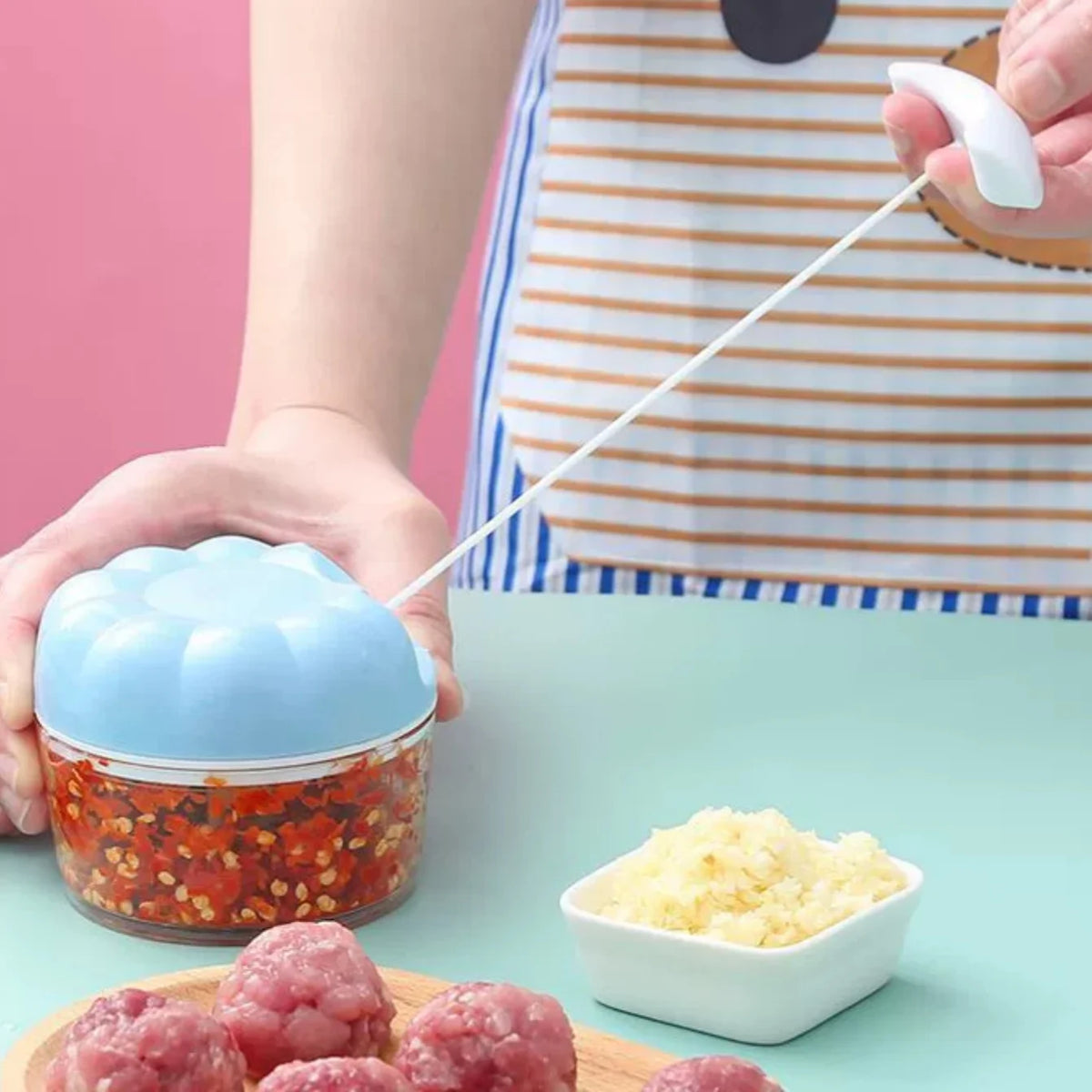 Manual Pull-String Vegetable Chopper with Container | Hand Mincer Manual Food Chopper Babs