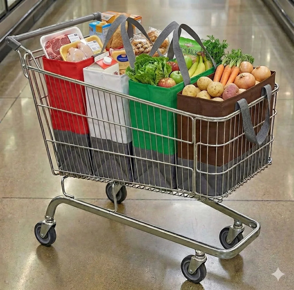4-Pack Reusable Colorful Grocery Bags – Foldable Non-Woven Reusable Shopping Bags Babs