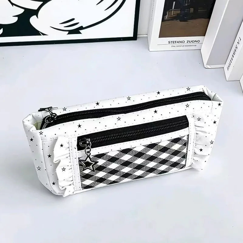 Cute Ruffle Trim Pencil Case – Large Capacity Stationery Bag Pencil Case Babs White