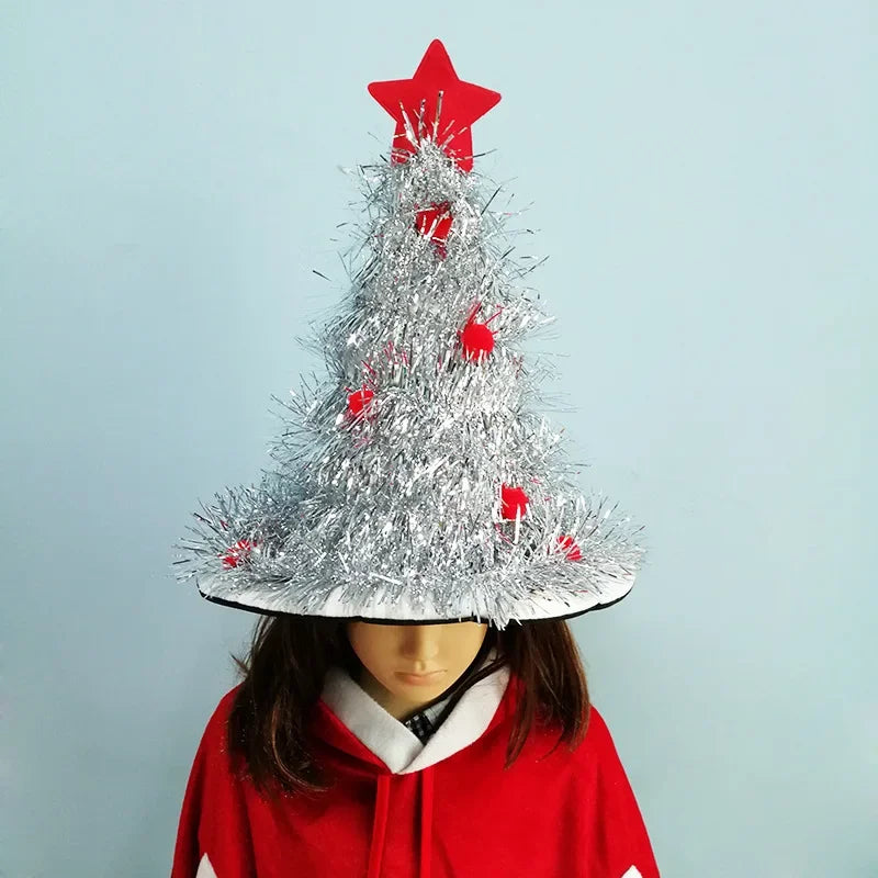 Christmas Tree Hat with LED Lights & Tinsel – Kids & Adults Christmas Costume Hat Babs silver without light