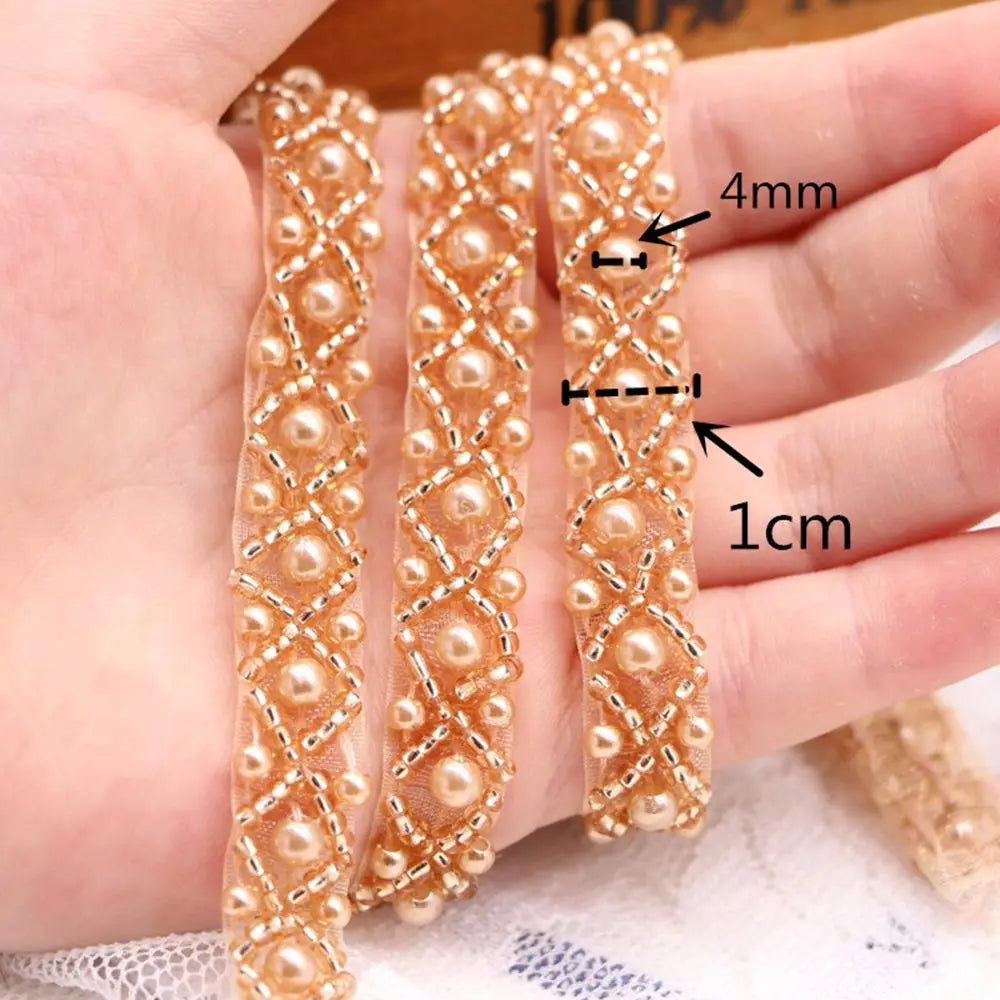 Beaded Pearl Lace Trim Ribbon for Bridal Wedding Dress – 1 Yard Bridal Lace Trim Babs
