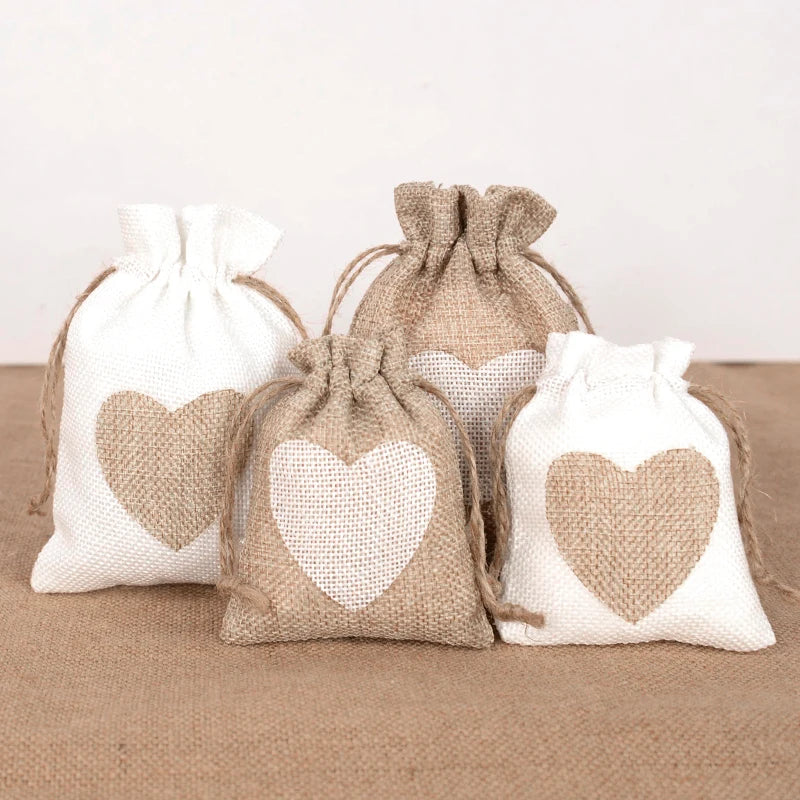 10Pcs Heart Burlap Jute Drawstring Bags – Rustic Gift Pouches Burlap Gift Bags Babs